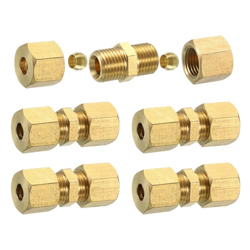 sourcing map 5Pcs Brass Compression Tube Fitting, 6mm Tube OD Connector, NPT Thread Compression Union Connectors & Compression Sleeves Ferrules, Brass Straight Coupling Adapter