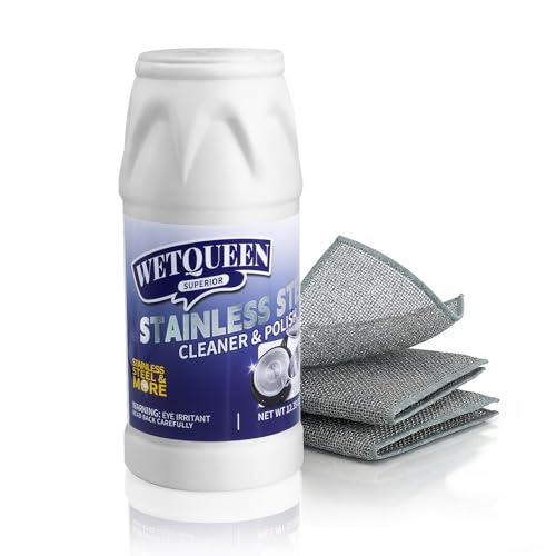 Wetqueen Stainless Steel Cleaner And Polish Kit - Heavy Duty Cookware Cleanser Powder With 3 Pads - Removes Burnt Stains, Rust, Water Spots & Grease From Pots, Pans, Sinks & Appliances (12.35 Oz)