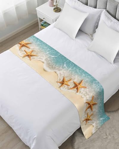 Yukro Bed Runner Scarf, Teal Beach Orange Starfish Summer Seaside Coastal Full Bed Scarf Runner, No Fading Decorative Bedding Scarf for Bedroom Hotels Homes and Guestrooms