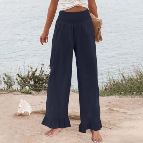Cropped Linen Pants Women Wide Leg Casual Baggy Ruffle Hem Palazzo Pants Smocked Elastic Waist Beach Lounge Trousers3