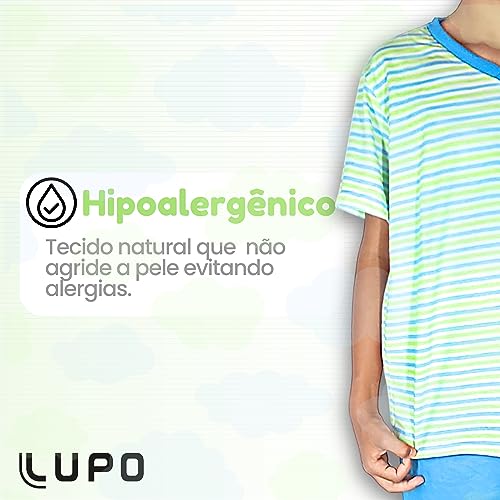 Conjunto de pijama Curto com Gola V e Listrado, Lupo, Meninos, Azul Claro, 2
