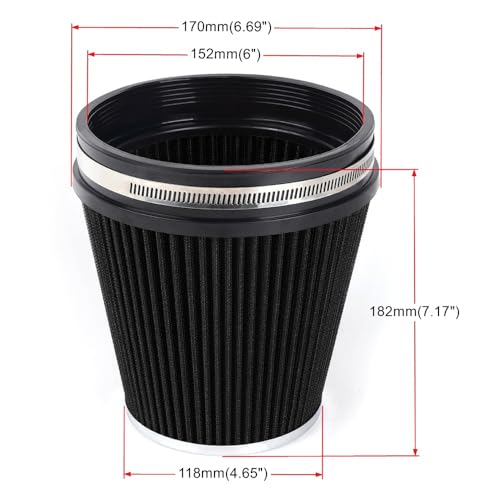 Muge Racing MG-OFI113-BLACK-SHORT 6 Inch 152 Mm High Flow Inlet Air Filter, Air Intake Cone Filter Replacement Performance Washable Clamp-On Dry thumb #5