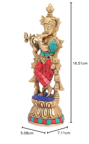 Kartique Brass Krishna Bhagwan Idol Murli Statue Murti Gift for Home Mandir Decor God Deity Lord Religious Marriage Gift Multicolor Stone Work Height 6.5Inch - Image 8 thumbnail