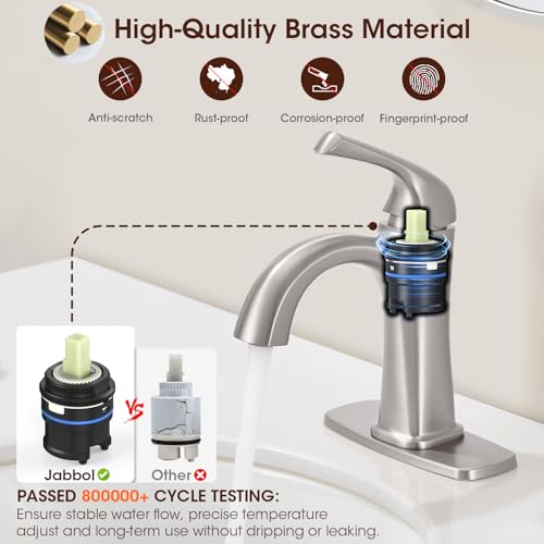 Jabbol Brushed Nickel Single Hole Bathroom Faucet, Single Handle Brass Bathroom Sink Faucet, Lavatory Vanity Faucet for 1 or 3 Holes, Bathroom Faucets with Pop Up Drain and Supply Lines, Deck Plate by Jabbol - Used condition - Image 4