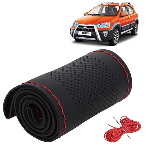Image of KINGSWAY PU Leatherite Car Steering Cover Sewable Compatible with Toyota Etios Cross (Year 2014 Onwards), Black Color with Red Thread, Pack of 1 with Sewing Needle and Thread