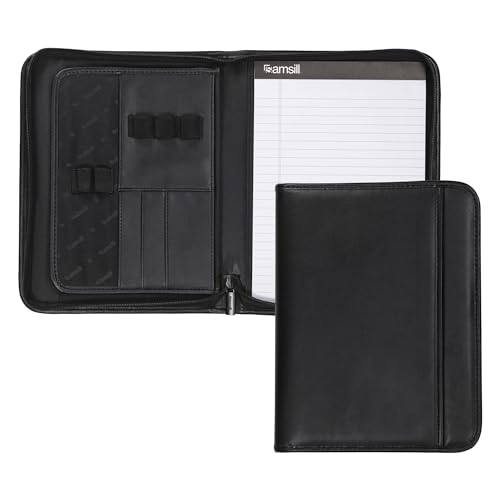 Samsill Professional Padfolio, Faux Leather Junior Portfolio with Zipper, 10.1 Inch Tablet Sleeve, with 7 x 10 Inch Notepad, Black