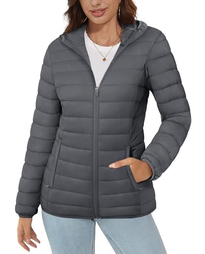 MAGCOMSEN Womens Quilted Jacket with Hood Lightweight Puffer Padded Coat with Inner Pocket Winter Zip-up Outerwear, Dark Grey S