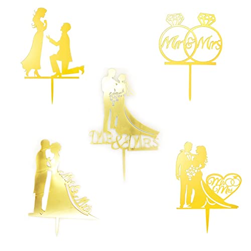 DAWENHA 5 Pieces Décorations de Gâteau Wedding Or Décorations de Gâteau Wedding Topper Mr et Mme Cake Toppers Décorations de Wedding Topper Acrylique pour Mariage, Fiançailles, Aniversaire de Mariage Cover
