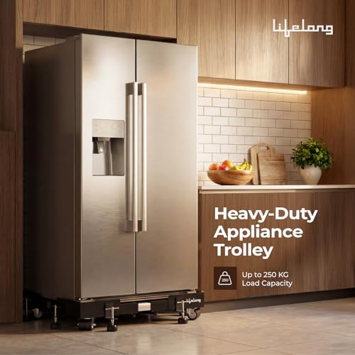 Image of Lifelong Washing Machine Stand - Adjustable Metal Kitchen Trolley with Wheels for Home with 8 Anti Vibration Rubber Grips - Up to 250Kg - Suitable for Fridge, Dishwasher & Air Cooler (Black & White)