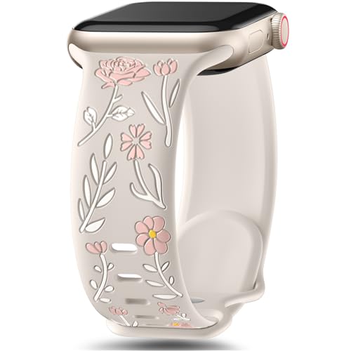 SNBLK Floral Band Compatible with Cute Apple Watch Bands for Women 40mm 41mm 38mm 42mm 44mm 45mm 46mm 49mm, Flower Engraved Silicone Inlay Dressy Strap for iWatch Series 10 9 8 7 6 5 4 3 2 1