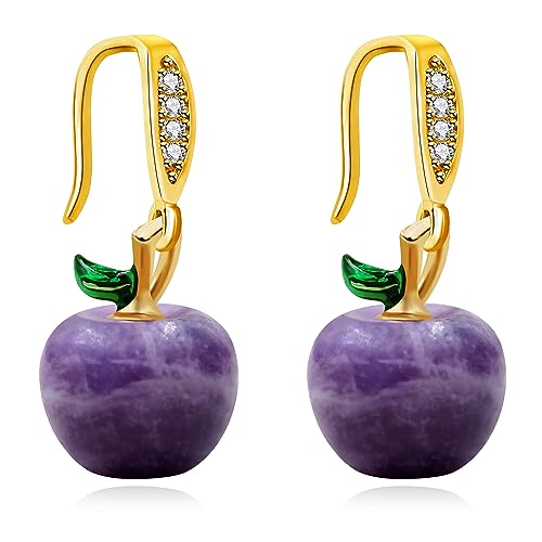 Natural Stone Fruit Apple Shape Earrings Set for Women - Cute Apple Hook Dangle Earring Teacher Appreciation Gifts
