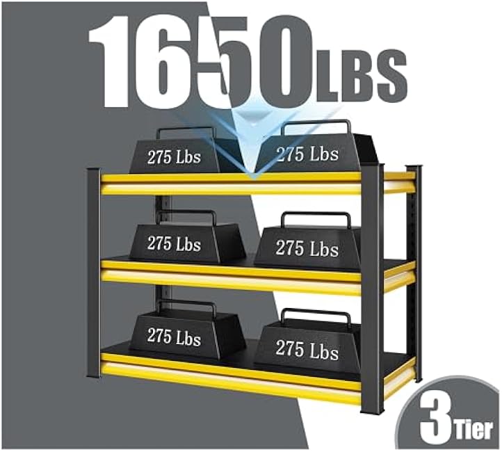 48 W Garage Shelving Heavy Duty, 1650LBS Loads Adjustable Garage Storage Shelves,3-Tier Metal Storage Racks and Shelving Units, Utility Rack Shelves,48 W x 18 D x 39 H,Yellow