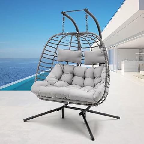 2 Person Hanging Egg Chair with Stand for Outdoor, Patio Hand Made Rattan Wicker Double Egg Swing Chairs Hammock Chair with UV Resistant Cushion and Metal Frame, Porch Swing Loveseat for Backyard Cover