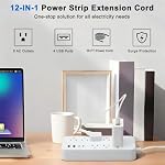Cordon d'extension intérieur 10 ft, Barre de puissance du protecteur de surpression avec 8 Sorties 4 USB Ports, Cord d'extension à prise plate avec sorties multiples, Protection contre les surcharges pour la maison, Bureau, Salle de dortoir Essentiels, Blanc