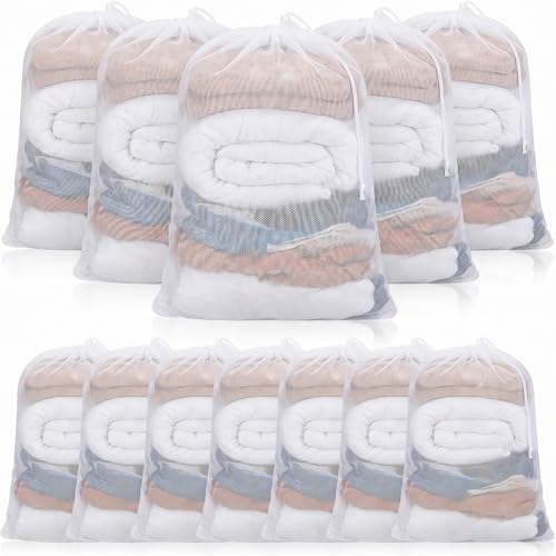 12 Pack 24 x 36 Inches Mesh Laundry Bag large Drawstring Heavy Duty Bag Bulk, Durable Machine Washable Storage for Factories, College, Dorm Hotel and Apartment Dwellers, White