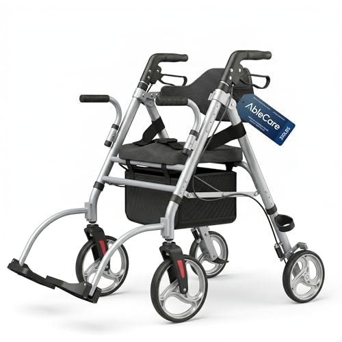 Ablecare Updated Rollator Walker for Seniors with Seat, 2 in 1 Rolling Walker Wheelchair Combo for Mobility-Impaired, Dual Height Adjustment, Lightweight & Foldable Rollator, Capacity 310lbs (Grey)