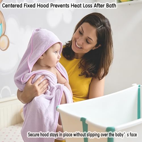 Image of Baby Hooded Bath Towel 31.5 inchx31.5 inch Ultra Absorbent Cloud-Soft Cozy Coral Fleece, for Newborn Infant Toddler Up to 3 Years, Unisex Bathrobe Blanket (Lavender)