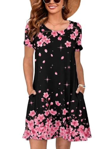 Image of Heymoments Women's Short Sleeve Crewneck Sundress Summer Casual A-Line Beach Dress with Pockets S-2XL
