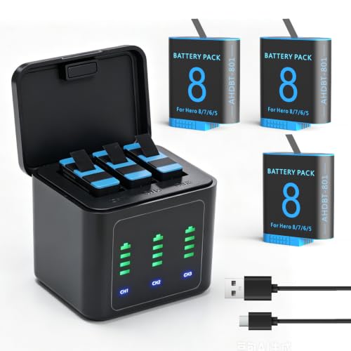3 packs 2500mAh Replacement Batteries for Gopro Hero 8/7/6/5 with 3-Channel Type-C Battery Charger Station