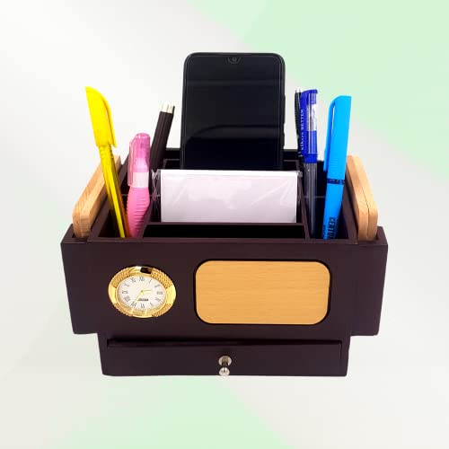 Image of WOOD HOUSE Pen Stand for Office Table with Clock, Wooden Pen Holder for Office Table Stylish, Wooden Desk Organizer for Office Table, Pen Stand with Drawer, Pen Stand with Compartment, Office Gifts
