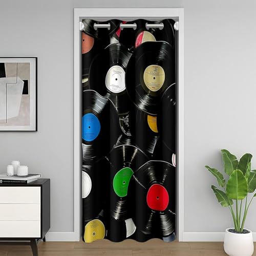 jejeloiu 83s Retro Vinyl Record Room Divider Curtain Cover 52"x80" Vintage Music Closet Cover Record Player Music Notes Musician Door Curtain for Doorway Privacy Room Decor 30%-50% Blackout Shades