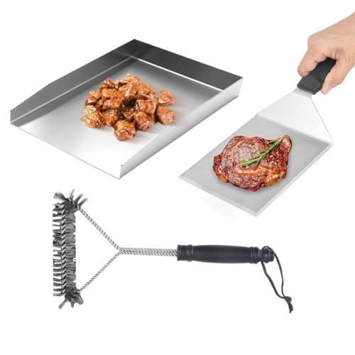 FACAIIO Placa de parrilla de acero inoxidable para barbacoa y cocina al aire libre con espátula y cepillo, 30 x 20 x 3 cm