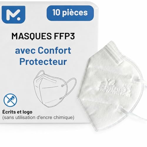 10 Masque FFP3 Certifiés CE, Masque 5 Couches Sans Valve, Masques de Protection Adulte contre les Poussières et les Particules, Masques de Protection Respiratoire Filtrant BFE≥99, 10 Pièces