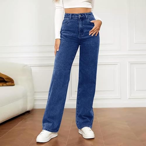 Women's Straight Leg Jeans Tummy Control Trendy Pants High Waisted Stretchy Casual Denim Baggy Trousers with Pockets2