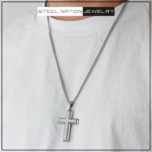 Stainless Steel Cross Pendant on 24" Twisted Curb Chain Necklace - Silver Tone2