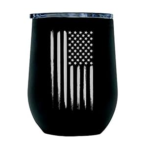 Military Gift Shop Outdoor American Flag Vacuum Insulated Wine Tumbler with Lid, Stainless Steel Glass 12oz – Double Wall Stemless Metal Cup – Matte Black Colored with Laser Engraved USA Flag