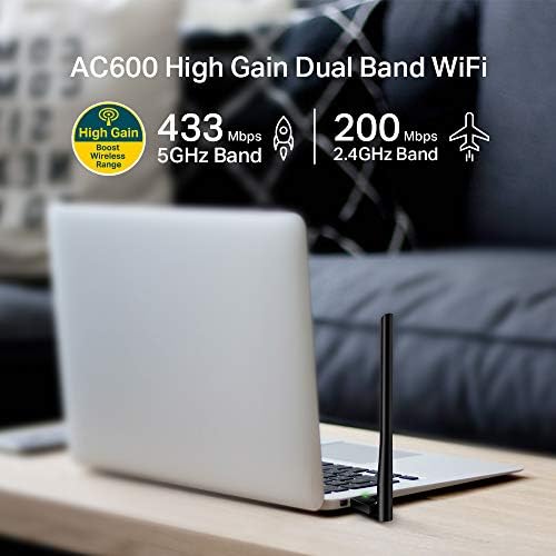 TP-Link AC600 High Gain USB Wi-Fi Dongle, Dual Band Wi-Fi Adapter with 5dBi Antenna for PC/Desktop/Laptop, Supports Windows11/10/8.1/8/7/XP, Mac OS X 10.9-10.14 (Archer T2U Plus)