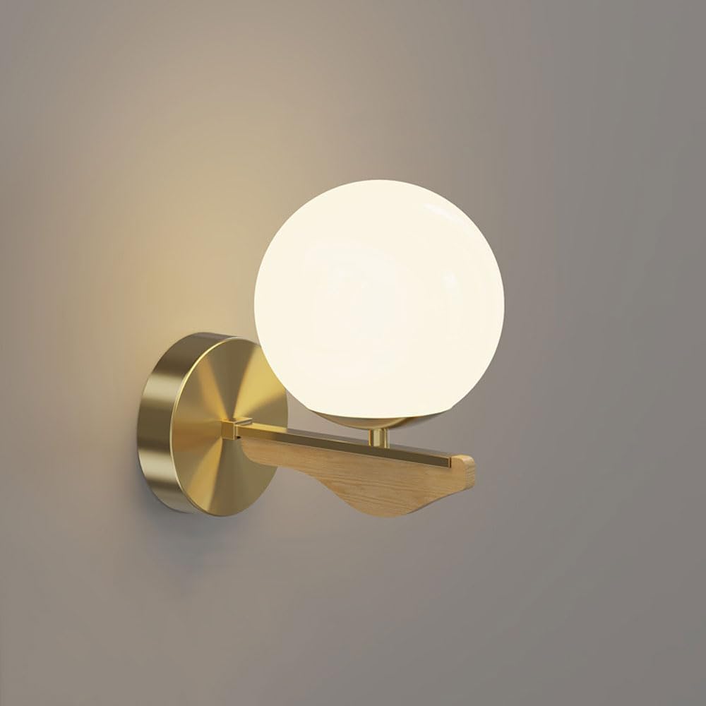 Nordic Bedside Wall Light Vintage Retro Modern Milk Glass Wall Sconce Gold Wall Mounted Lamp for Living Room Mid Century Globe Wall Lighting Fixtures for Bathroom Dining Room Bedroom