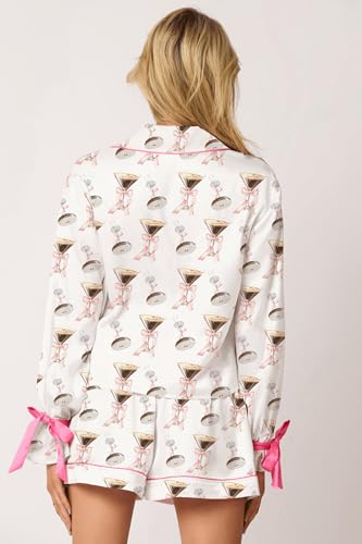 Image of Yiulangde Valentines Heart Bow Pajamas for Women Silk Satin Ruffle Shorts Pjs Tie Front Long Sleeve Shirts Pajamas with Bows
