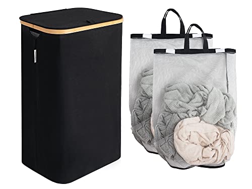 StorageWorks Large Laundry Hamper with Lid, 100L Tall Laundry Basket with Bamboo Handles and 2 Removable Inner Bag, Collapsible Laundry Hamper for Clothing, Toys, Towels, Black, 1-Pack