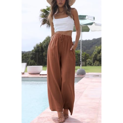Image of Duyang Womens Cotton Linen Palazzo Pants Drawstring Elastic Waist Casual Wide Leg Trousers with Pockets