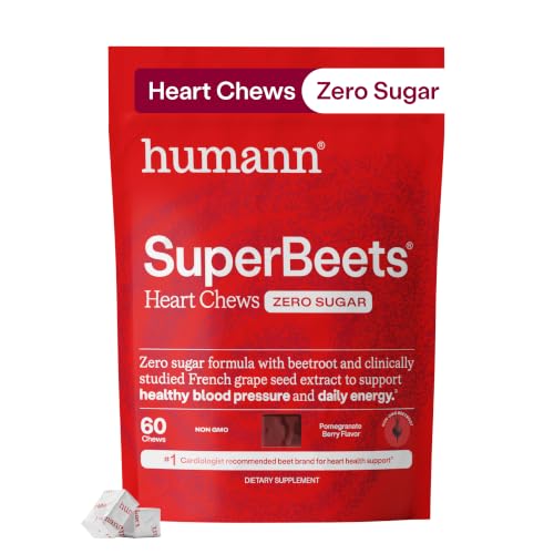 HumanN SuperBeets Heart Chews Zero Sugar Beet Root Supplement Energy Nitric Oxide and Blood Pressure Support Grape Seed Extract & Non-GMO Heart Health Pomegranate Berry Flavor 60 Count