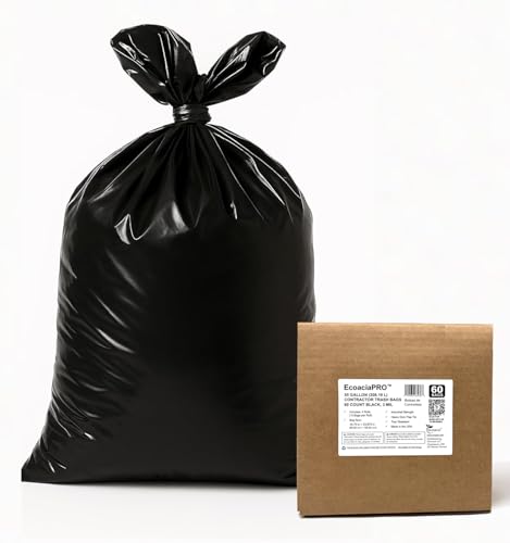 Ecoacia PRO XL 55-Gallon Contractor Extra Tough Heavy Duty Trash Bags (60-Count, 3 Mil) – 4 Rolls of 15 in Bulk Box – Industrial Strength for Job Sites and Yard Cleanup – Made in the USA