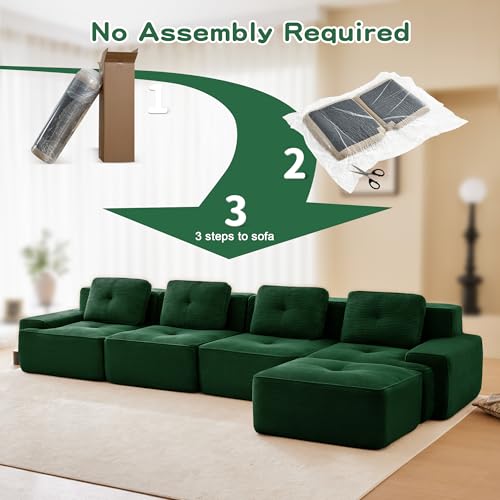 Image of 153 inch L-Shaped 4-Seater Modular Boneless Couch with Ottoman, Soft Corduroy Cloud sectional Sofa, Oversized Deep Seat, No Assembly Anti-Slip Stable Sofa,Green