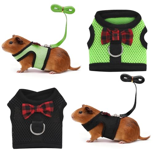 Image of Guinea Pig Harness and Leash,2packs Guinea Pig Clothes Baby Ferret Rats Hamster Soft Mesh Harness Leash for Decoration,Hamster Harness can be Adjusted to Any Size. (Black + Green)