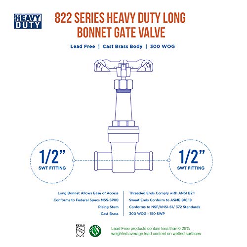 Midline Valve I44D234 Long Bonnet Gate Valve with Wheel Handle, Heavy Duty, Lead-Free, Water Shutoff 1/2 in. Sweat Connections, Cast Brass by Midline Valve - Used condition - Image 5
