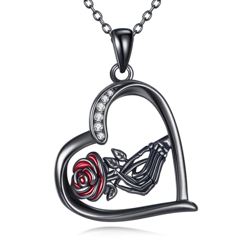 DAYLINLOVE Gothic Necklace 925 Sterling Silver Skeleton Hand Heart Pendant Necklace Skeleton Hand Jewelry for Women Halloween Gothic Party