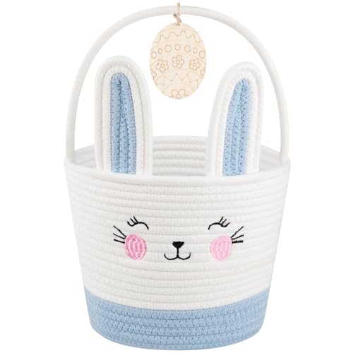 OIASKET Personalized Easter Basket for Toddler, Woven Baby Easter Gifts basket with Handle, Empty Bunny Egg Basket for Girls Boys Kids, Blue&White