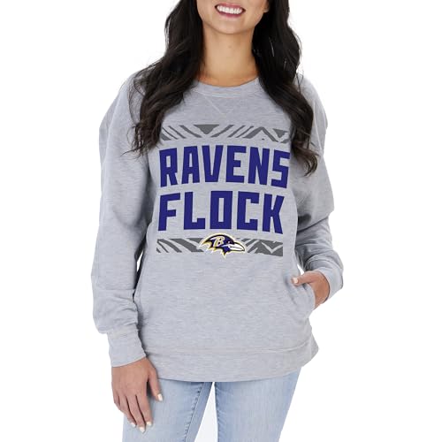 Zubaz NFL Womens Team Slogan Heather Grey, Oversized, Crewneck Sweatshirt, Baltimore Ravens, Small