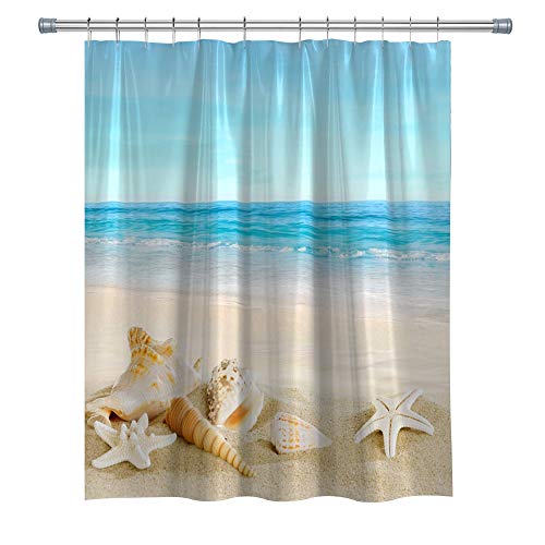 Jibin Bong Waterproof Polyester Fabric Beach Shower Curtain Ocean Scene Shower Curtain, Blue Sky Tropical Conch Seashell Starfish Ocean Shower Curtains for Bathroom Decor, 72X72 Inch