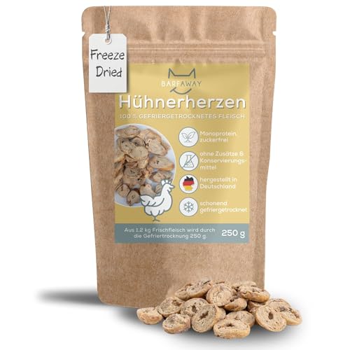 BARFAWAY gefriergetrocknete Hühnerherzen, für Hunde und Katzen, getreidefrei, zuckerfrei, 100% natürlich ohne Zusätze, Deutsche Herstellung, 250 g