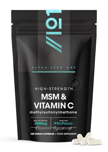 MSM 3000mg with Vitamin C & BioPerine - 120 Vegan Capsules Supports Collagen Formation for Healthy Skin - High Potency Methylsulfonylmethane By Alpha01
