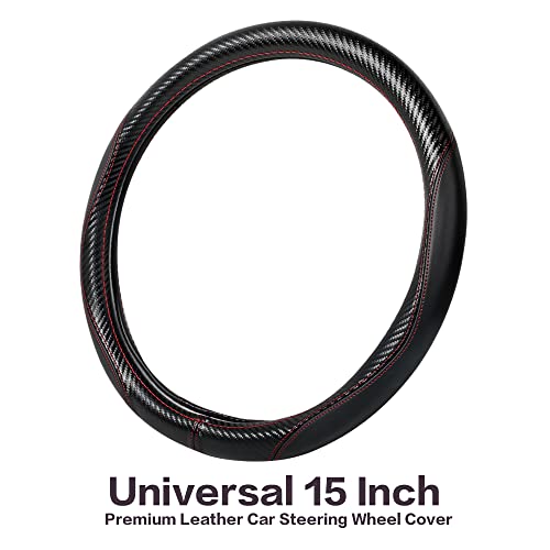 Banseko Car Steering Wheel Cover,Universal 15 Inch Steering Wheel Cover,Pu Leather&Carbon Fiber Texture Sport Style Breathable Anti-Slip Car Steering Wheel Protector (Black With Red Line) #TOP1