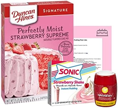 Strawberry Pudding Poke Cake Bundle Kit With Duncan Hines Strawberry Supreme Cake Mix, Sonic Strawberry Pudding Mix, Red Sugar Sprinkles, And Recipe