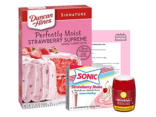 Strawberry Pudding Poke Cake Bundle Kit With Duncan Hines Strawberry Supreme Cake Mix, Sonic Strawberry Pudding Mix, Red Sugar Sprinkles, And Recipe #TOP15