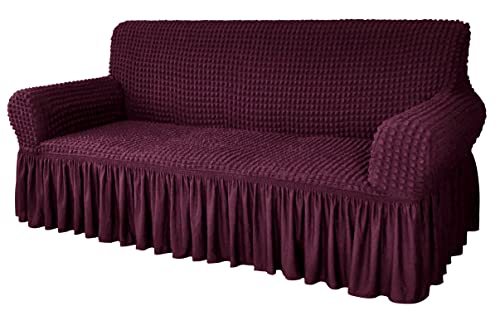 Image of House of Quirk Turkish Bubble Frill 280 GSM Sofa Slipcovers, Durable Washable Universal Four Seater High Elastic Furniture Protector (Wine, 230-300cm)